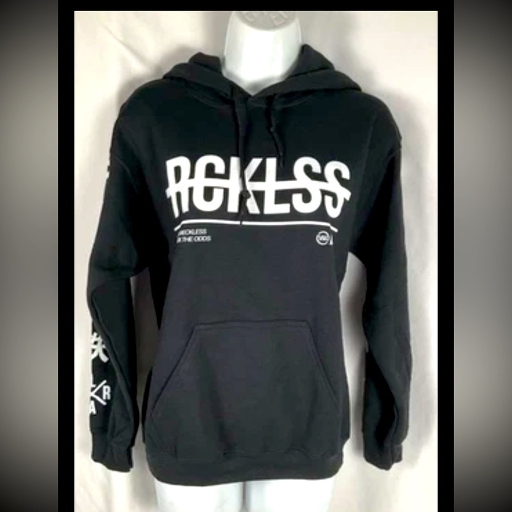 Womens Young & Reckless X Small  Black Hoodie Graphic Kangaroo Pocket Sweatshirt